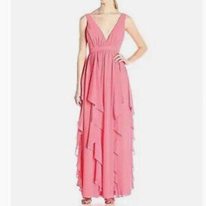 Minuet pink waterfall ruffle plunge maxi dress nwt